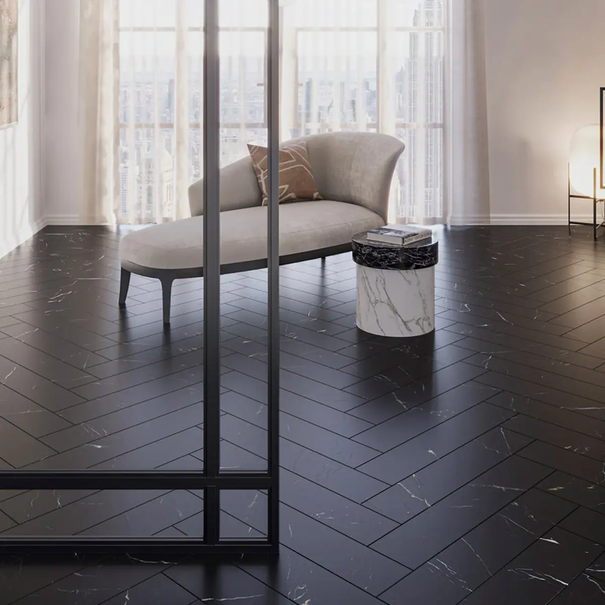 Vinylgolv Black Marble Noir Herringbone Sten, Marmor, Fiskben