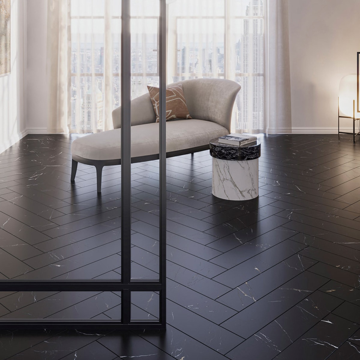 Vinylgolv Black Marble Noir Herringbone Sten, Marmor, Fiskben