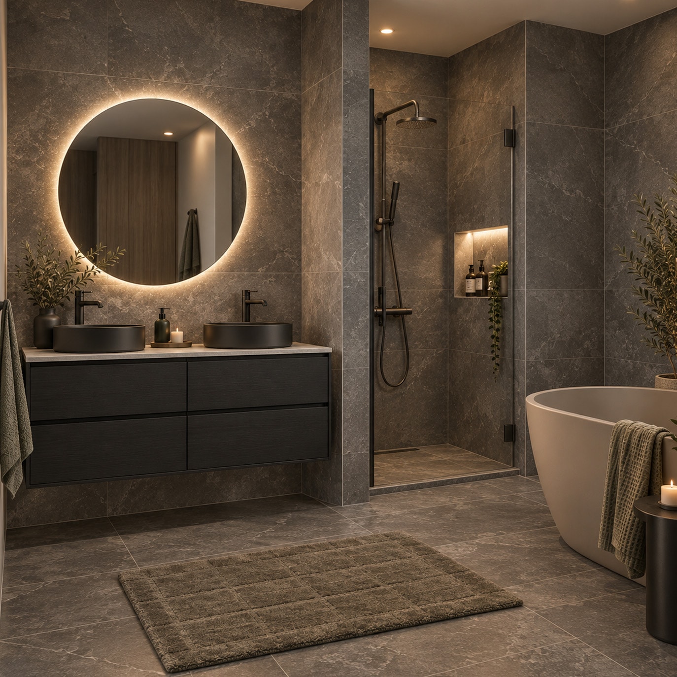 Lyxigt badrum med exklusiva material och hotellkänsla