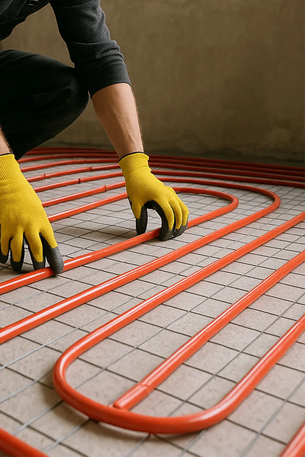 Läggning av golvvärme: rörslingor monterade på underlag inför avjämning