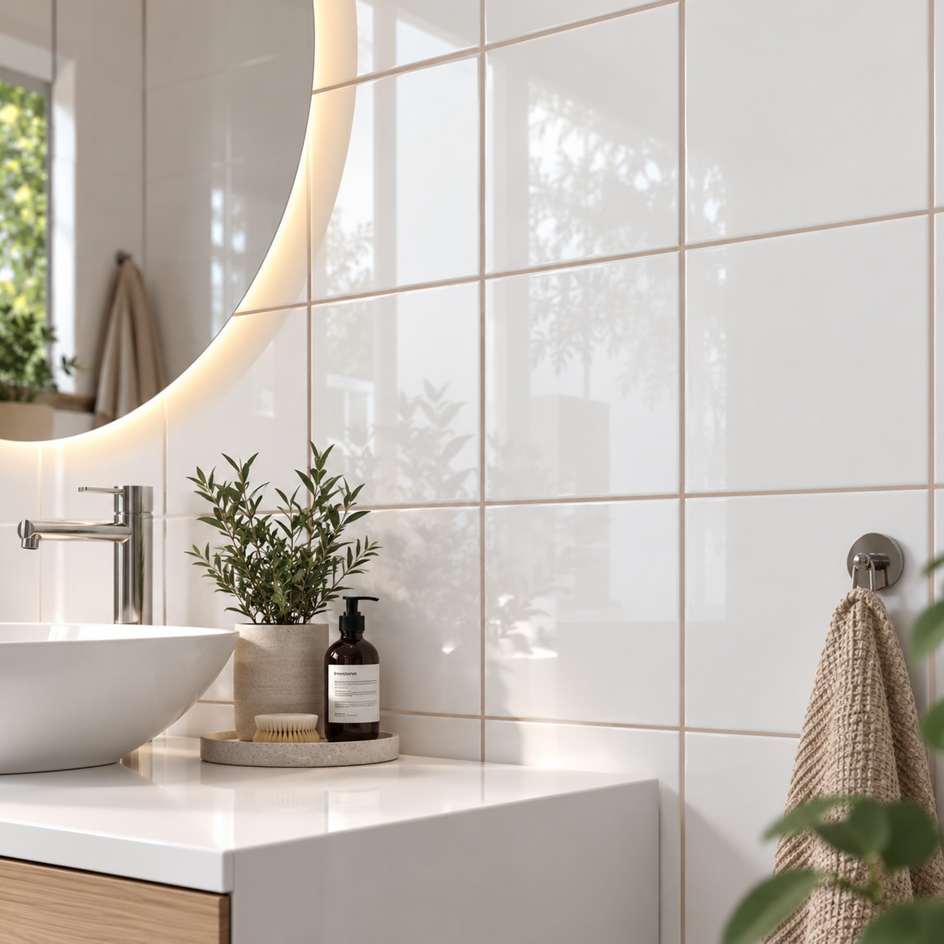 Beige kakel med beige fog som skapar ett varmt och harmoniskt uttryck